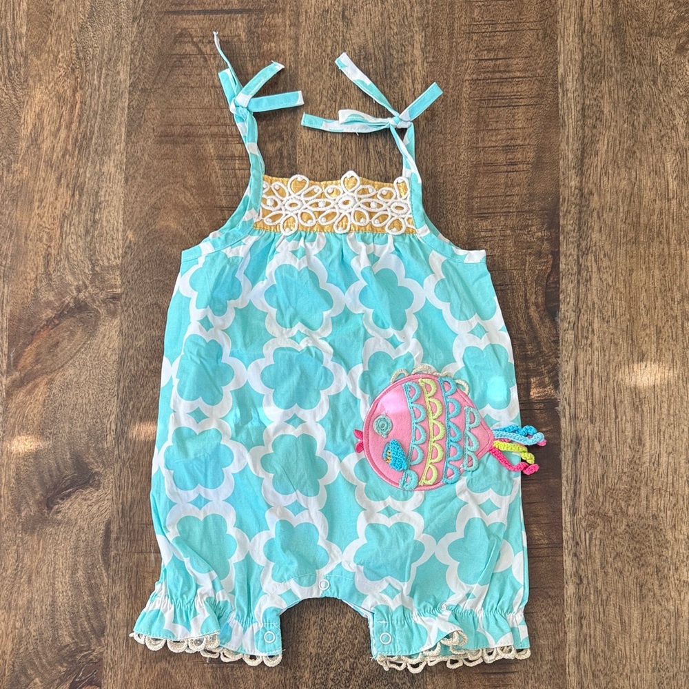 Aqua & White Floral Romper with Pink Fish Appliqué